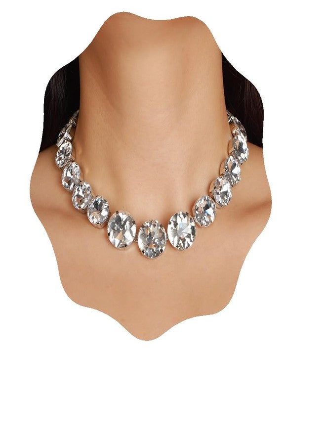 YERTTER Sparkle Full Rhinestone Choker Round Crystal Chain Necklace Earrings Set Crystal Statement Collar Clavicle Choker Necklace for Wedding Women (White) - Image 1