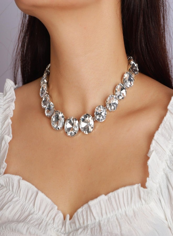 YERTTER Sparkle Full Rhinestone Choker Round Crystal Chain Necklace Earrings Set Crystal Statement Collar Clavicle Choker Necklace for Wedding Women (White) - Image 2