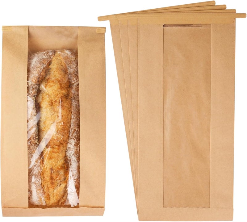 Foranda 100 Pack Long Paper Bread Bags with Tabs for Homemade Sourdough, Bakery Bags with Window for Oval Sourdough Bread, Loaves, Pastries, Baguettes (6.3x2.7×13.7 Inches) - Image 1