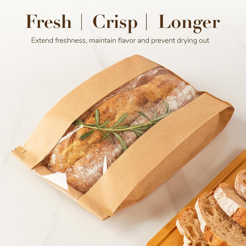 Foranda 100 Pack Long Paper Bread Bags with Tabs for Homemade Sourdough, Bakery Bags with Window for Oval Sourdough Bread, Loaves, Pastries, Baguettes (6.3x2.7×13.7 Inches) - Image 4