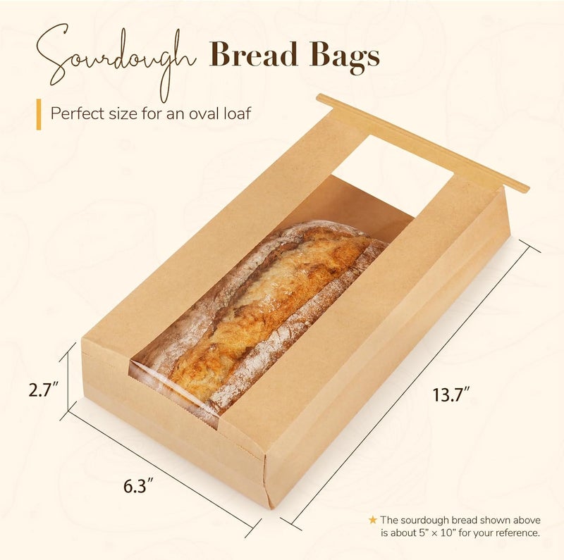 Foranda 100 Pack Long Paper Bread Bags with Tabs for Homemade Sourdough, Bakery Bags with Window for Oval Sourdough Bread, Loaves, Pastries, Baguettes (6.3x2.7×13.7 Inches) - Image 2