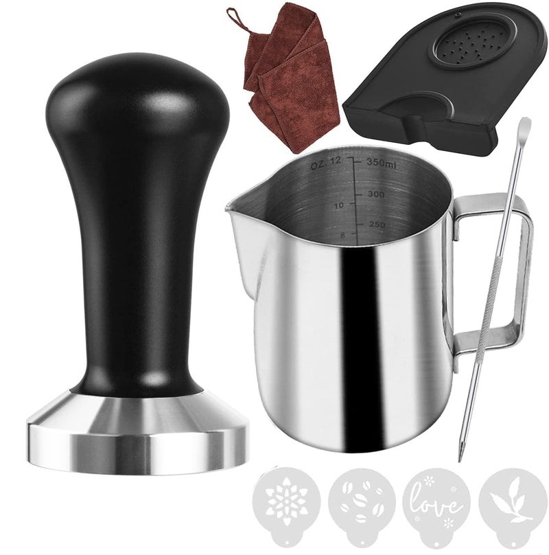 51mm Coffee Tamper Set Coffee Press for Portafilter Machine Espresso Tamper with Tamper Mat Milk Jug 350 ml Barista Towel Latte Art Pen and Decorative Stencils