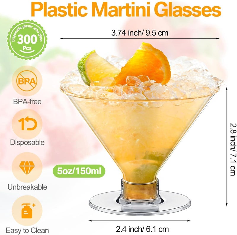 Rtteri Rtteri 300 Pieces Disposable Plastic Martini Glasses 5 oz Cocktail Glasses Clear Dessert Glasses Parfait Cups Wine Shot Glasses Reusable for Wedding Party Champagne Ice Cream Pudding  - Image 2