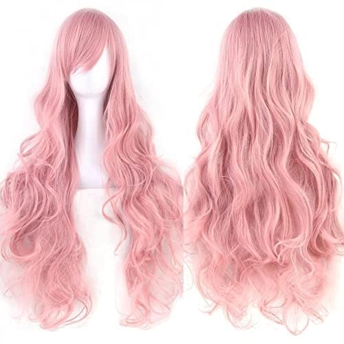 IMISSU 80cm Long Curly Natural Hair Cosplay Wig with Bangs Colorful Halloween Costume Party Wigs for Women (Pink) - Image 1