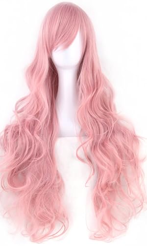 IMISSU 80cm Long Curly Natural Hair Cosplay Wig with Bangs Colorful Halloween Costume Party Wigs for Women (Pink) - Image 2