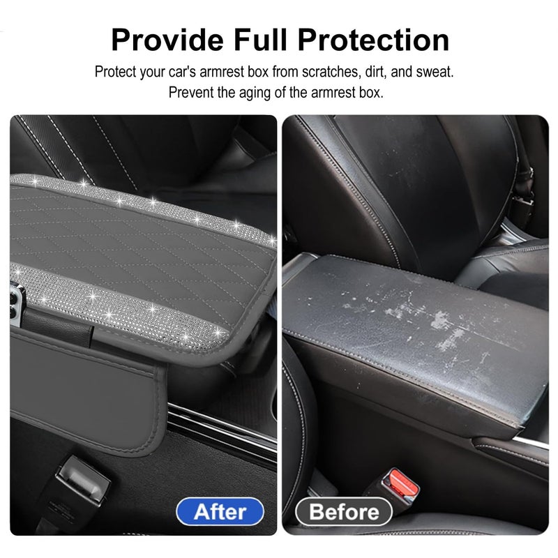NBTEPEM Bling Gray Car Center Console Cover, Leather Car Arm Rest Cover with 2 Storage Bags, Universal Auto Armrest Protector Storage Box, Bling Accessories Interior for Most Vehicles - Image 5