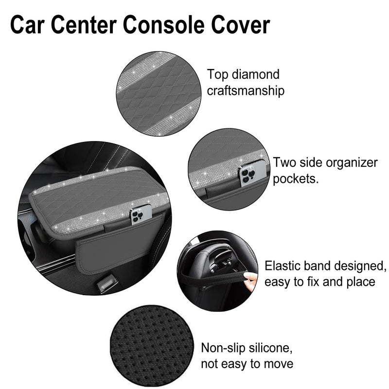 NBTEPEM Bling Gray Car Center Console Cover, Leather Car Arm Rest Cover with 2 Storage Bags, Universal Auto Armrest Protector Storage Box, Bling Accessories Interior for Most Vehicles - Image 2