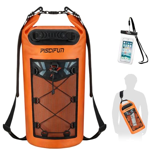 Piscifun Dry Bag, Waterproof Floating Backpack 20L with Waterproof Phone Case for Boating, Kayaking, Fishing, Orange 20L - Image 1