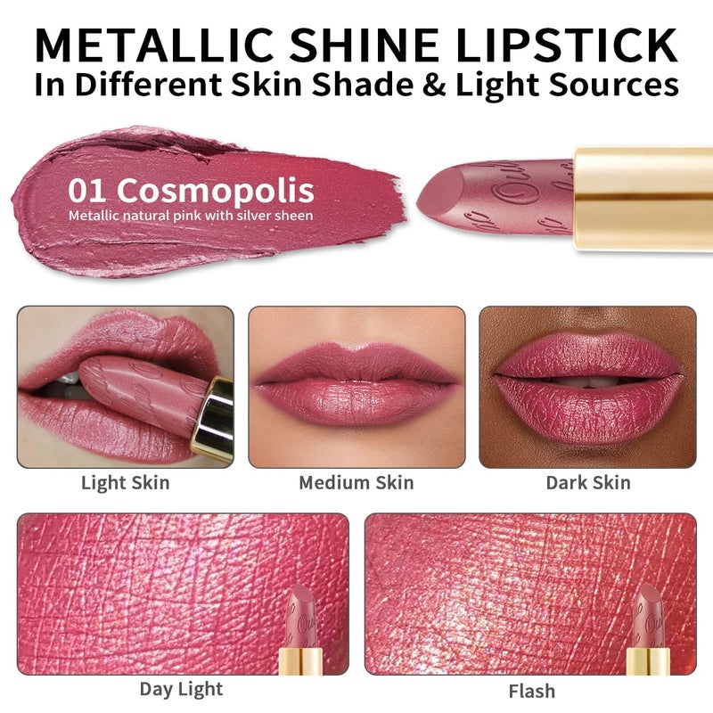 OULAC Pink Metallic Shine Lipstick Baby Pink Glitter Long Lasting Lipsticks High Impact Soft and Ultra Hydrating Lip ColorVegan CrueltyFree FullCoverage Lip 43 g015 oz Cosmopolis01 - Image 3