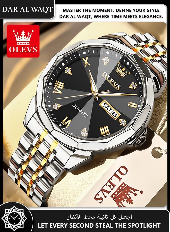 أوليفز ساعة أعمال رجالية من OLEVS – مقاومة للماء، عقارب مضيئة، سوار ستانلس ستيل ثنائي اللون، قرص أسود - Image 3