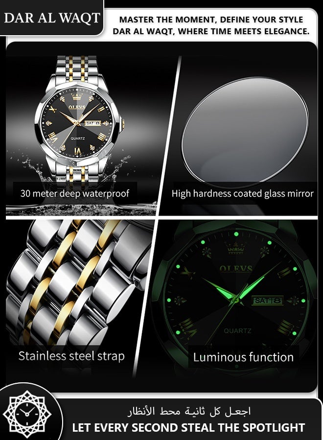 أوليفز ساعة أعمال رجالية من OLEVS – مقاومة للماء، عقارب مضيئة، سوار ستانلس ستيل ثنائي اللون، قرص أسود - Image 4