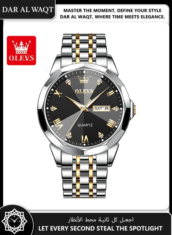 أوليفز ساعة أعمال رجالية من OLEVS – مقاومة للماء، عقارب مضيئة، سوار ستانلس ستيل ثنائي اللون، قرص أسود - Image 1