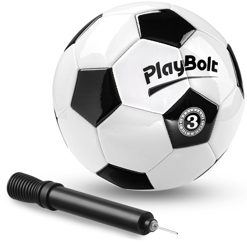 PlayBolt Soccer Ball Size 3 with Pump - Black & White Training Practice & Match Ball for Kids, Youth and Adults (Pack of 1) - Image 1