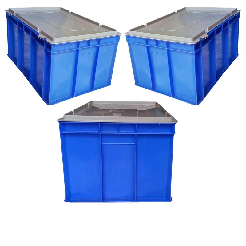 SINGHAL SINGHAL Plastic Crate 60x40x27 CM With Lid Pack of 3 Multipurpose Heavy Duty Big Blue Portable Crates for storage Shelf Basket for Large Storage Bin Vegetable Fruit Milk  - Image 1