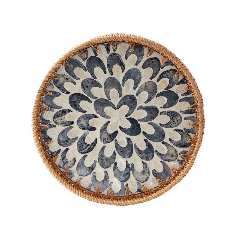 Kmelep Round Rattan Tray with Mother of Pearl Inlay, Rattan Serving Tray with Wooden Base, Decorative Wicker Basket for Table Decor, Storage and Display of Coffee Bread Food Fruit (Plume) - Image 1