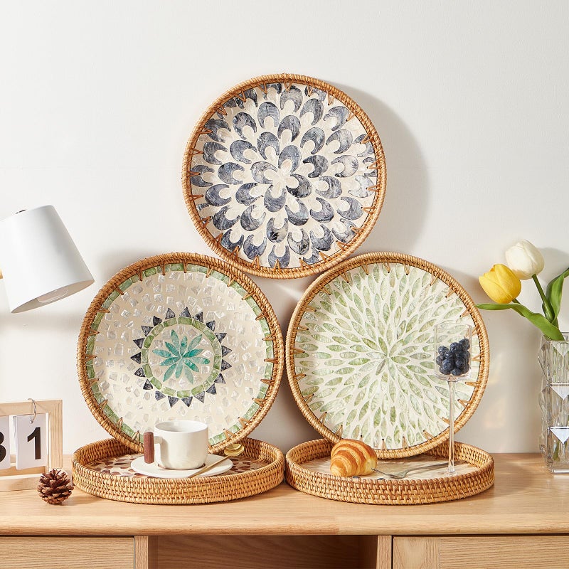 Kmelep Round Rattan Tray with Mother of Pearl Inlay, Rattan Serving Tray with Wooden Base, Decorative Wicker Basket for Table Decor, Storage and Display of Coffee Bread Food Fruit (Plume) - Image 4