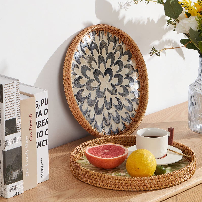 Kmelep Round Rattan Tray with Mother of Pearl Inlay, Rattan Serving Tray with Wooden Base, Decorative Wicker Basket for Table Decor, Storage and Display of Coffee Bread Food Fruit (Plume) - Image 3
