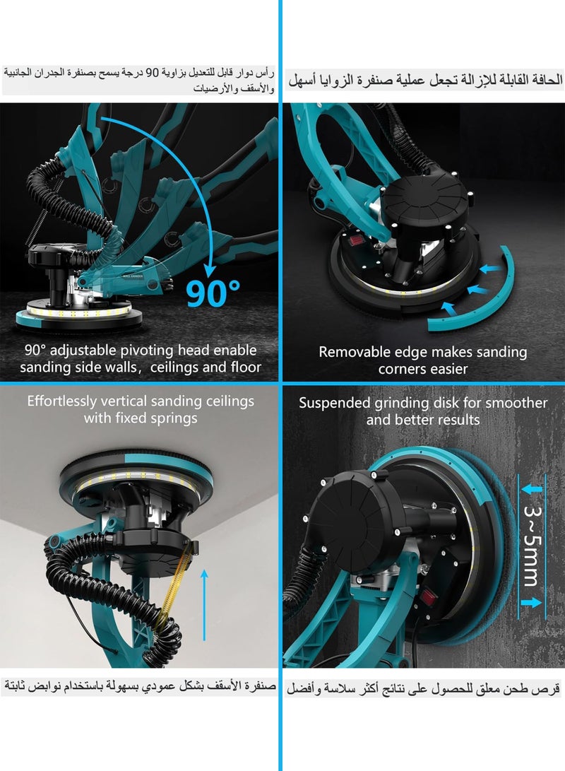 WAMIT Drywall Sander with Vacuum Dust Collector,1980W Sander Tool with 5 Variable Speed 800-1800RPM, Sander Tool Drywall Sander with Extendable Handle, LED Light,50pcs Sanding Discs,Blue - Image 5