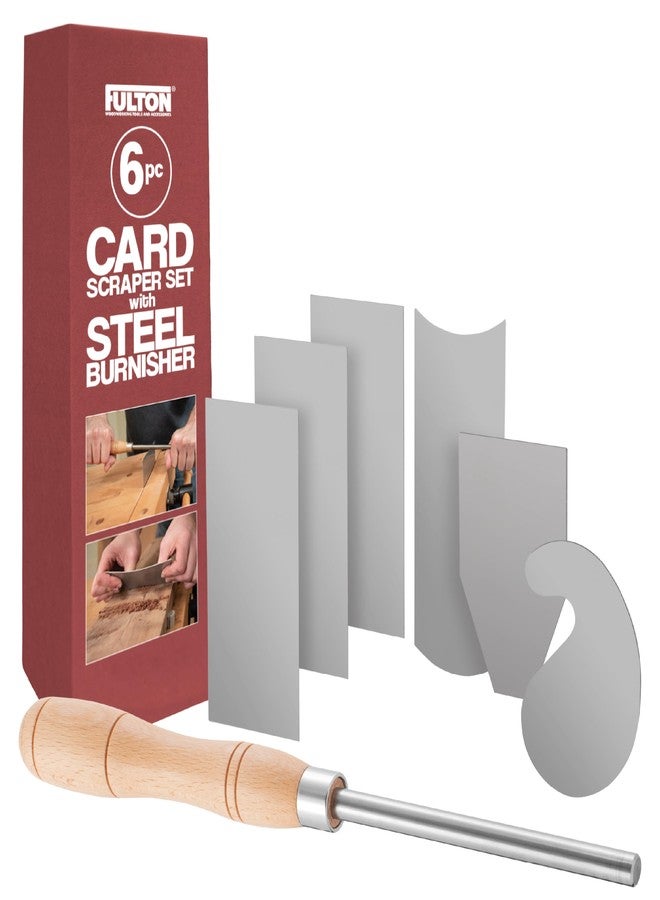 Fulton Cabinet Scraper Burnisher with 6 Piece Multi-Shaped Card Scraper Woodworking Set, 3 Rectangle 1 Beveled 1 Curved (Convex and Concave) and 1 Gooseneck Wood Scraper for Woodworking - Image 1