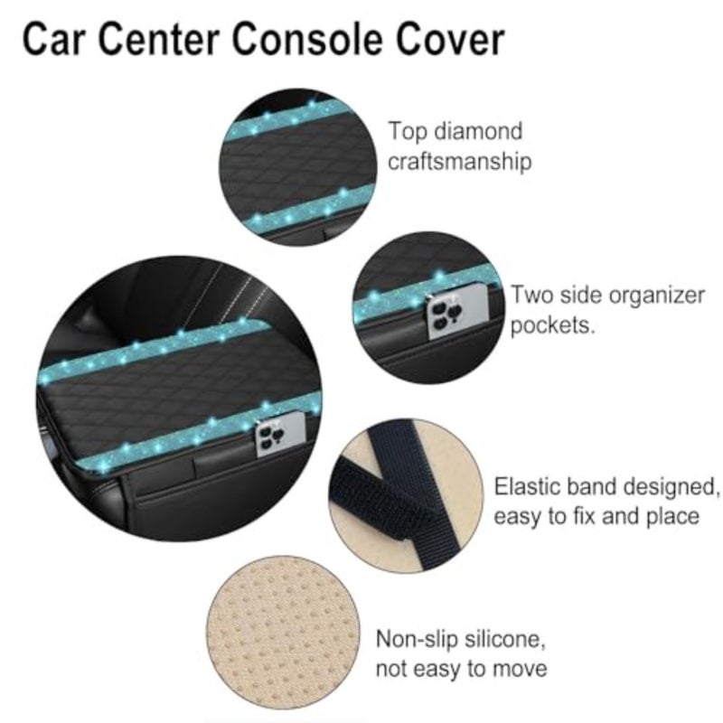 Bling Car Center Console Cover, Leather Car Arm Rest Cover Cushion with 2 Storage Bags, Universal Auto Armrest Protector Storage Box, Bling Accessories Interior for Most Vehicles  Aquamarine - Image 3