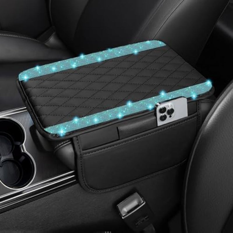 Bling Car Center Console Cover, Leather Car Arm Rest Cover Cushion with 2 Storage Bags, Universal Auto Armrest Protector Storage Box, Bling Accessories Interior for Most Vehicles  Aquamarine - Image 1