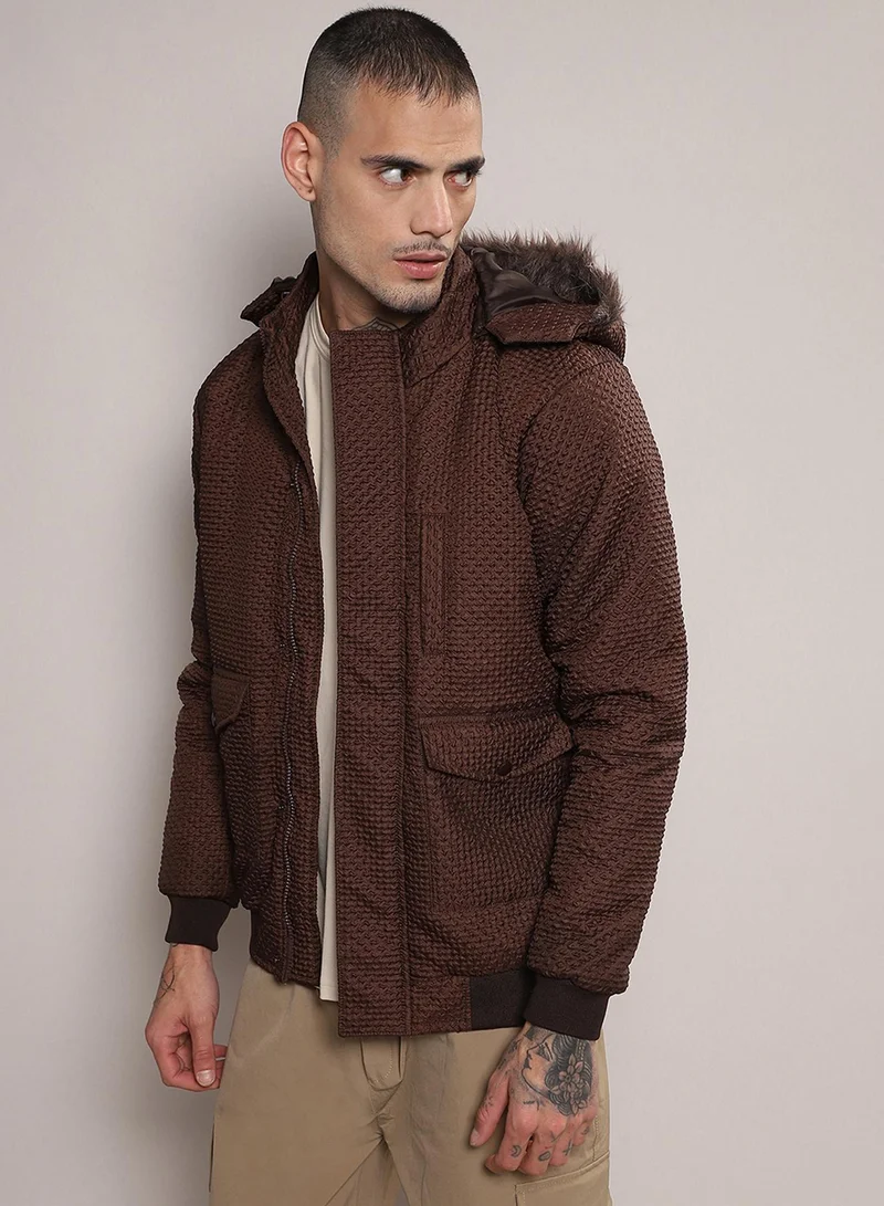Campus Sutra Men's Chocolate Brown Rhombus-Textured Puffer Jacket