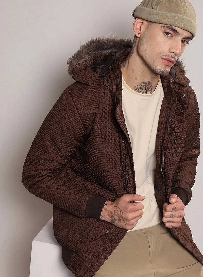 Campus Sutra Men's Chocolate Brown Rhombus-Textured Puffer Jacket