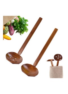 Wooden Spoon Set, 2Pcs Long Handle Soup Spoon Ramen Spoon, Slotted Spoons for Cooking, Natural Teak Kitchen Utensil