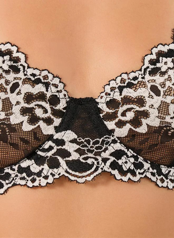Styli Styli Floral Lace Non-Padded Wired Bra, Thong and Skirt Cover Up with Suspender Straps