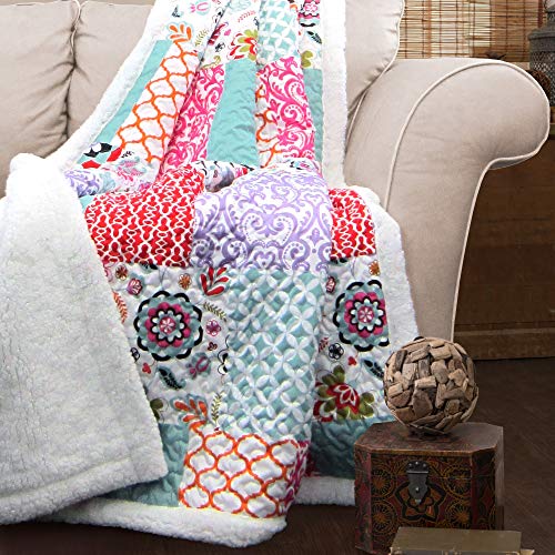 Lush Decor Brookdale Reversible Throw - Colorful Floral Pattern Patchwork Blanket - 60" x 50", Purple and Turquoise - Image 1