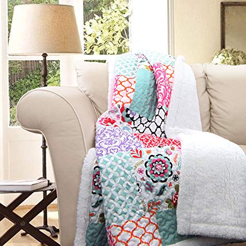 Lush Decor Brookdale Reversible Throw - Colorful Floral Pattern Patchwork Blanket - 60" x 50", Purple and Turquoise - Image 2