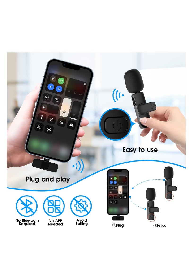 2 Pack Wireless Microphone compatible for iPhone iPad, Lapel Mics Plug-Play 2.4G Ultra-Low Delay Built-in Noise Reduction Chip 8H Working Time for Video Recording Interview Podcast Vlog YouTube