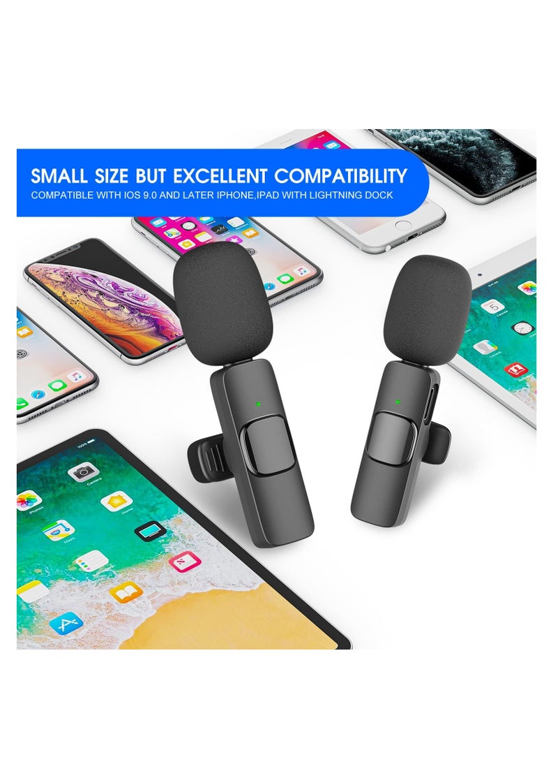 2 Pack Wireless Microphone compatible for iPhone iPad, Lapel Mics Plug-Play 2.4G Ultra-Low Delay Built-in Noise Reduction Chip 8H Working Time for Video Recording Interview Podcast Vlog YouTube