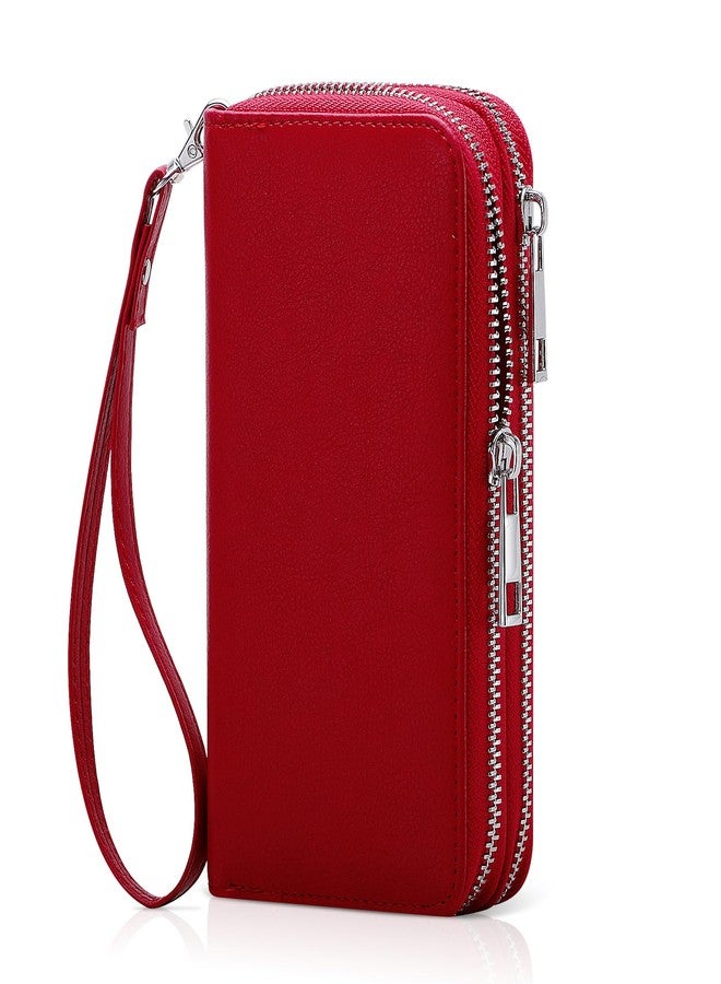 HAWEE Cellphone Wallet for Women Dual Zipper Long Purse with Removable Wristlet, Red - Image 1