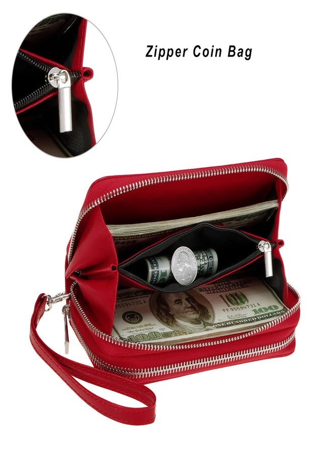 HAWEE Cellphone Wallet for Women Dual Zipper Long Purse with Removable Wristlet, Red - Image 4