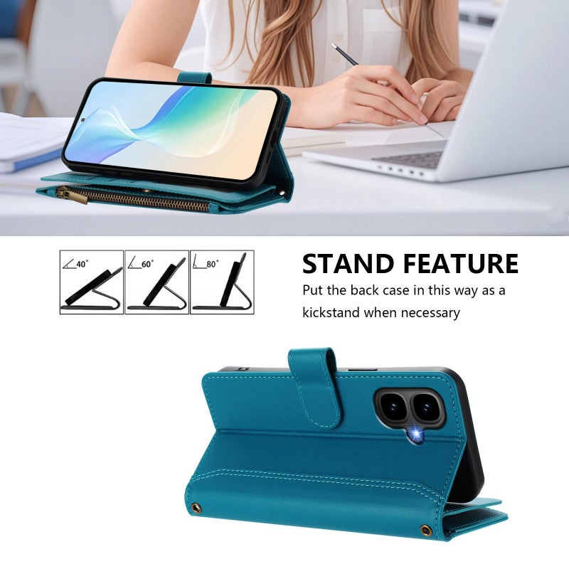 HuHa Case Cover For Infinix Smart 10 4G / Tecno Pop 10 Magnetic Closure 9 Card Slots Zipper Leather Case with Hand Strap(Turquoise) - Image 4