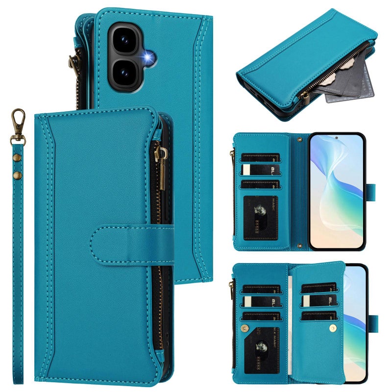 HuHa Case Cover For Infinix Smart 10 4G / Tecno Pop 10 Magnetic Closure 9 Card Slots Zipper Leather Case with Hand Strap(Turquoise) - Image 1