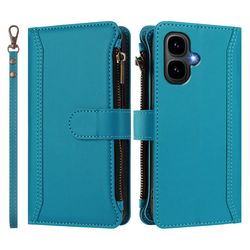 HuHa Case Cover For Infinix Smart 10 4G / Tecno Pop 10 Magnetic Closure 9 Card Slots Zipper Leather Case with Hand Strap(Turquoise) - Image 2