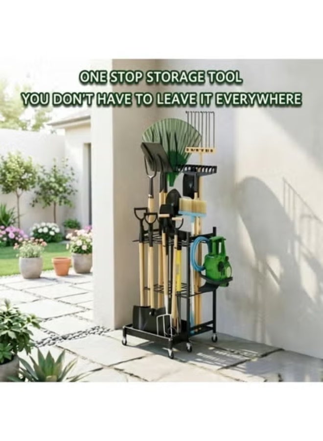 general Garden Tool Organizer with Wheels, Metal Utility Storage Rack with Hooks, Sturdy Heavy Duty Stand for Long-Handled Tools, Broom, Shovel, Rake – Perfect for Outdoor, Yard, Garage (Black) - Image 4