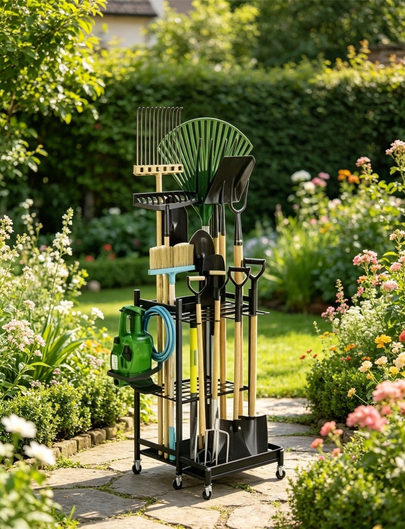 general Garden Tool Organizer with Wheels, Metal Utility Storage Rack with Hooks, Sturdy Heavy Duty Stand for Long-Handled Tools, Broom, Shovel, Rake – Perfect for Outdoor, Yard, Garage (Black) - Image 1