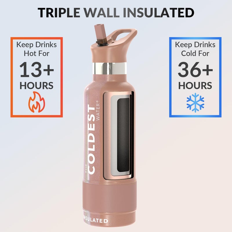 THE COLDEST WATER Coldest Water Bottle with Standard Mouth Straw Lid Metal Thermos Vacuum Insulated Stainless Steel l Reusable Leak Proof Cupholder Flask (21 oz  Rose Gold) - Image 2