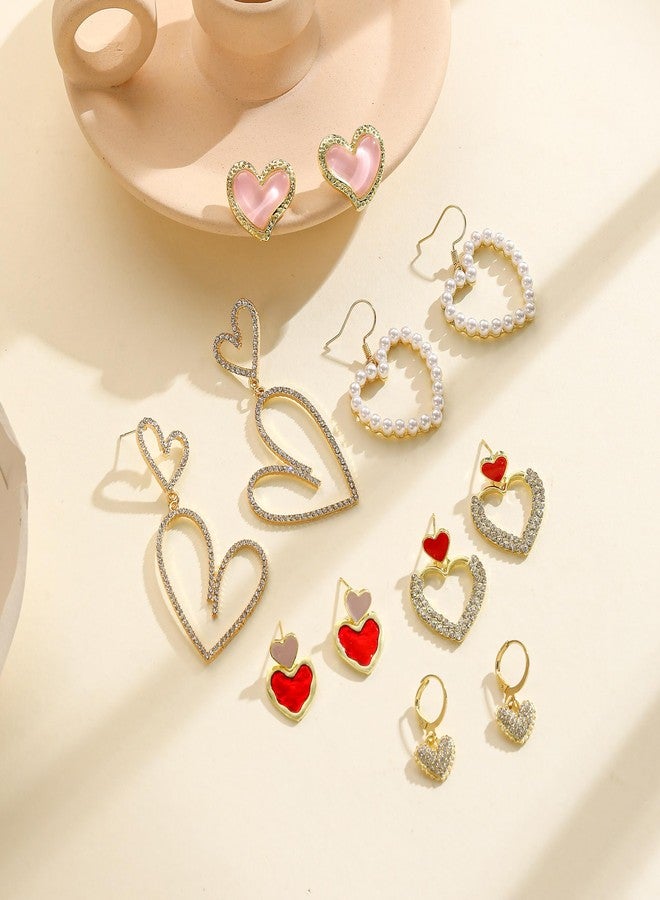 Acruccen 6 Pairs Valentine's Day Earrings Heart Earrigns for Women Pearl Rhinestone Double Heart Stud Earrings Valentines Day Gift - Image 2