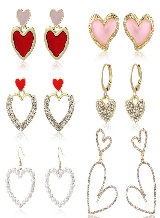 Acruccen 6 Pairs Valentine's Day Earrings Heart Earrigns for Women Pearl Rhinestone Double Heart Stud Earrings Valentines Day Gift - Image 1