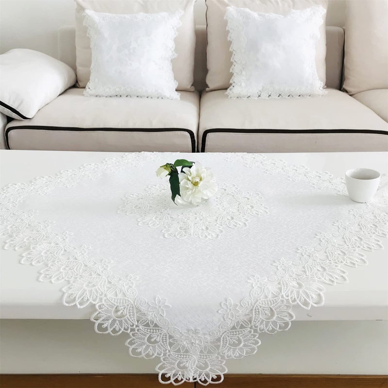 BrekSdat Lace Tablecloth for Rectangle Dining Tables 33 x 33 Inches White Peonies Lace Vintage for Holiday Party Wedding Fabric Washable Fabric for Banquet