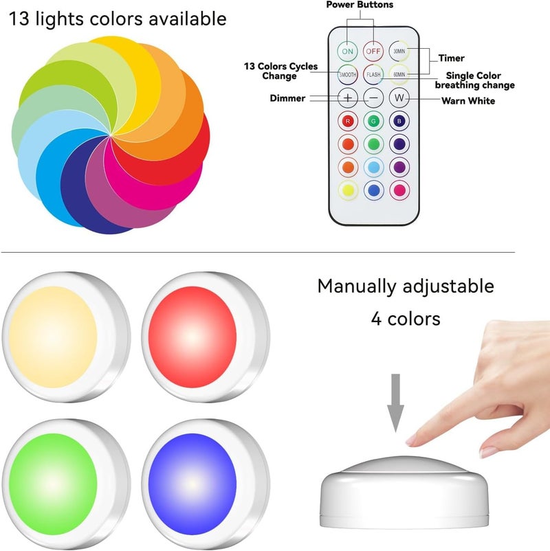 SEMSMOKS Store أضواء LED تعمل بالبطارية مع جهاز تحكم عن بعد، 13 لون RGB - لخزانة الملابس، جدار غرفة النوم، تحت الخزانة، أضواء دائرية تعمل بالبطارية. لاصق 3M مريح (أسود، عبوتين) - Image 5