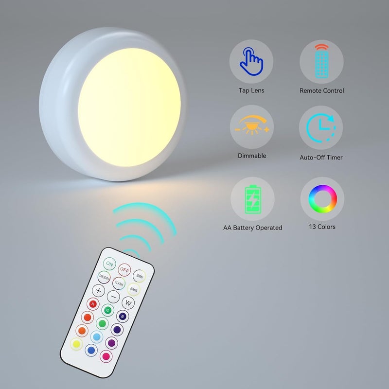 SEMSMOKS Store أضواء LED تعمل بالبطارية مع جهاز تحكم عن بعد، 13 لون RGB - لخزانة الملابس، جدار غرفة النوم، تحت الخزانة، أضواء دائرية تعمل بالبطارية. لاصق 3M مريح (أسود، عبوتين) - Image 4