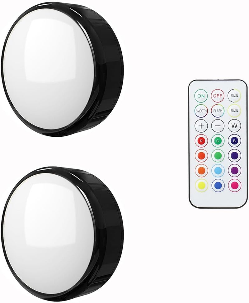 SEMSMOKS Store أضواء LED تعمل بالبطارية مع جهاز تحكم عن بعد، 13 لون RGB - لخزانة الملابس، جدار غرفة النوم، تحت الخزانة، أضواء دائرية تعمل بالبطارية. لاصق 3M مريح (أسود، عبوتين) - Image 1