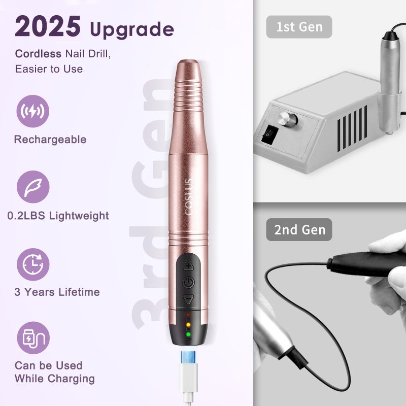 COSLUS Cordless Nail Drill Electric File: Professional for Acrylic Gel Dip Powder Nails Portable Nail Drill Machine Kit for Manicure Pedicure Nail Set with Everything Rechargeable Lightweight - Image 2