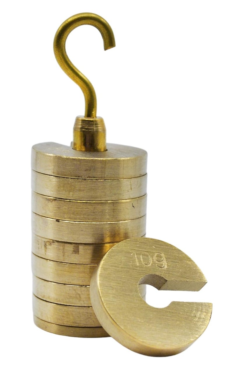 EISCO Slotted Weight Set, 100g - Brass - with Hook - Removable Weights - 10g Each - Image 1