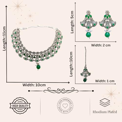 ACCESSHER Antique Design Oxidised Silver Necklace Set | Colored Stone Leaf Motif, with Earrings & Maangtikka | Lightweight & Stylish Jewellery for Women & Girls (Green) - Image 5